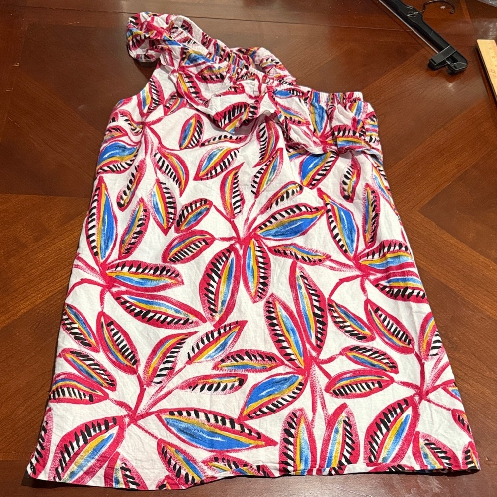 J Crew linen Colorful Leaf Print One-Shoulder Dress elastic shoulder - Picture 3 of 9